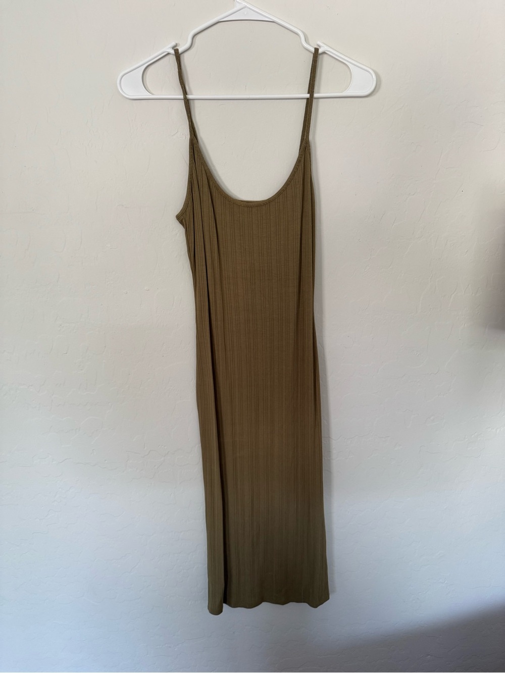 Olive Ribbed Tank Midi Dress - spaghetti strap Scoop Neck